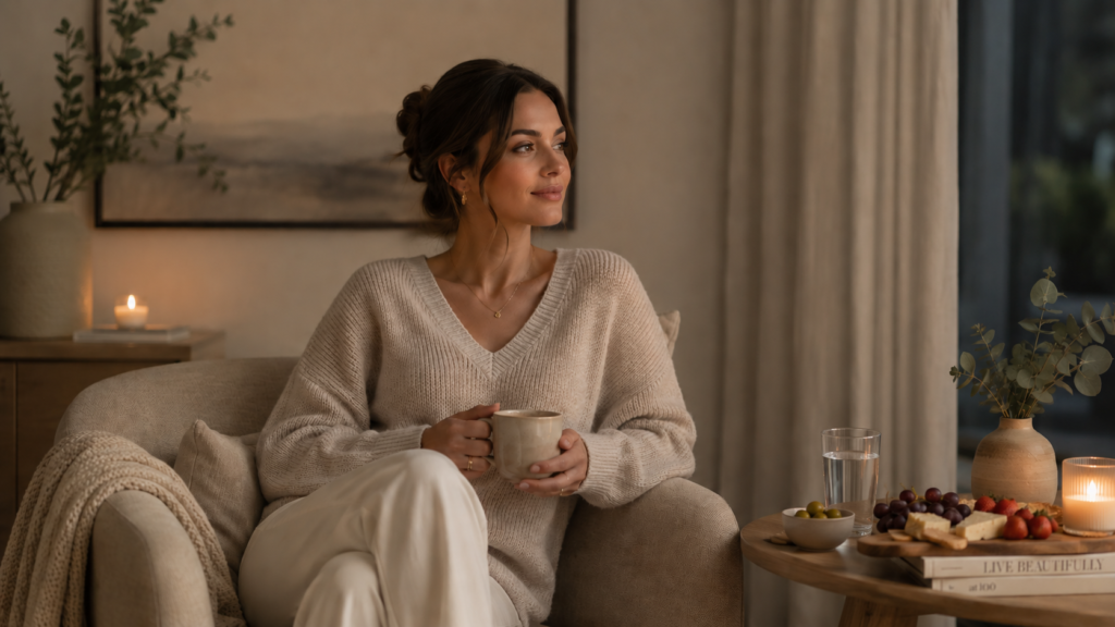 calm, serene woman drinking with healthy snack